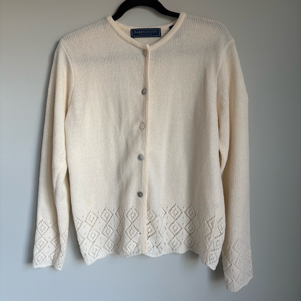 Vintage Karen Scott Cream Diamond Embroidered Chenille Cardigan Sweater